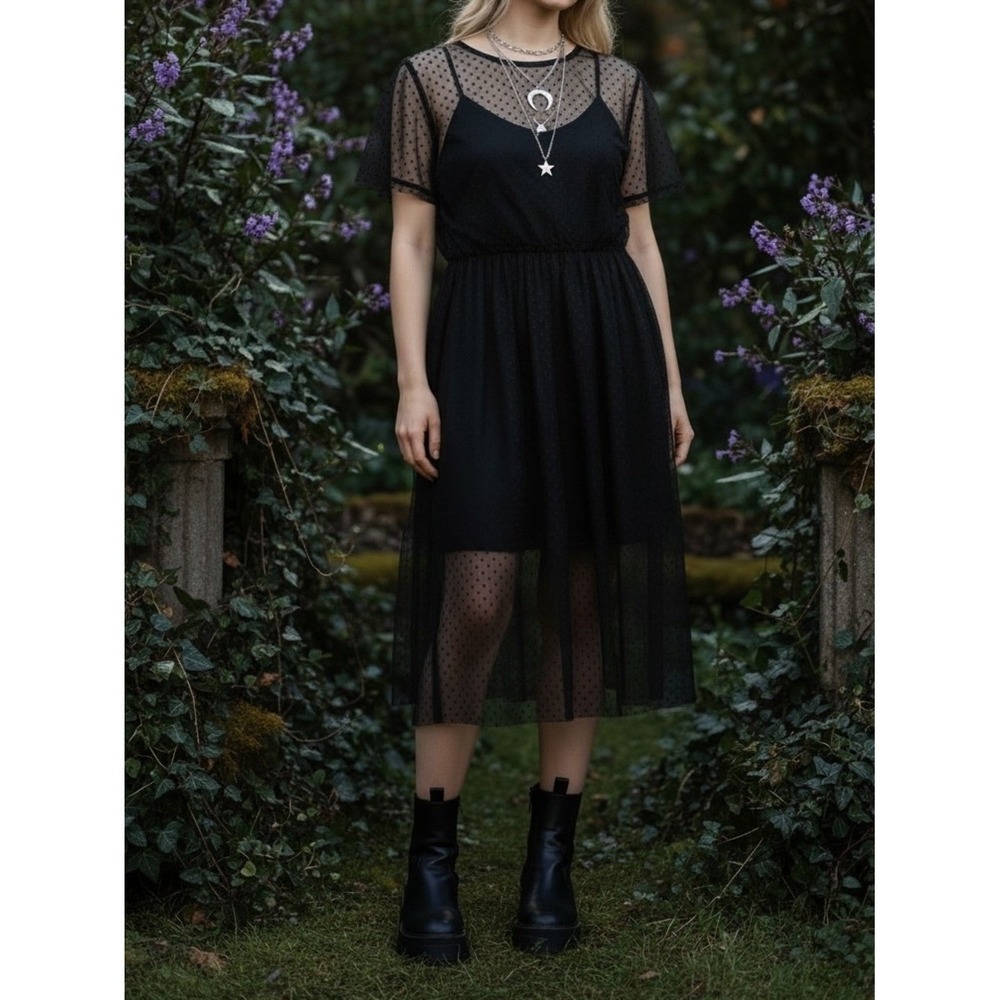Whimsigoth Sheer Layer Dress Sz L Grunge Witchy Goth Fairy Grunge Mesh Polka Dot